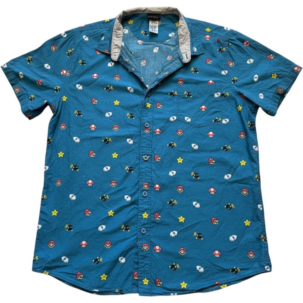 Nintendo Super Mario Bros Mens XL Teal Blue Short Sleeve Button Down Shirt Print